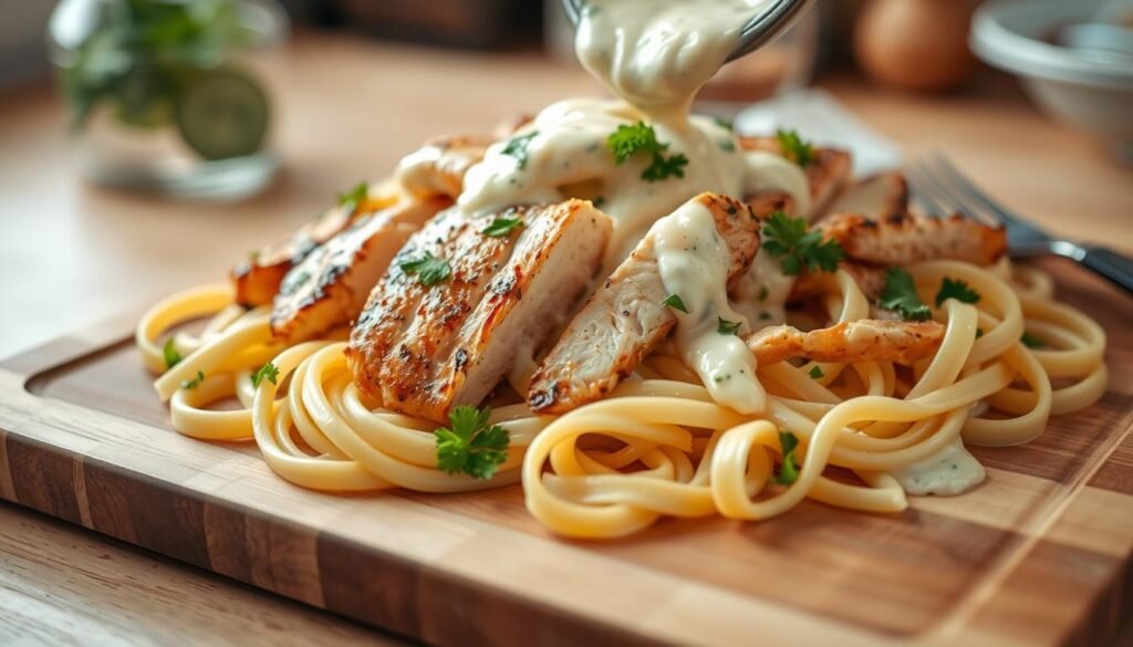 assembling chicken alfredo pasta