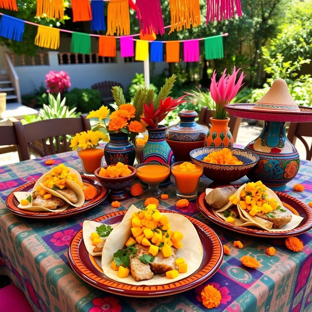 Festive Cinco de Mayo table setting with fish tacos