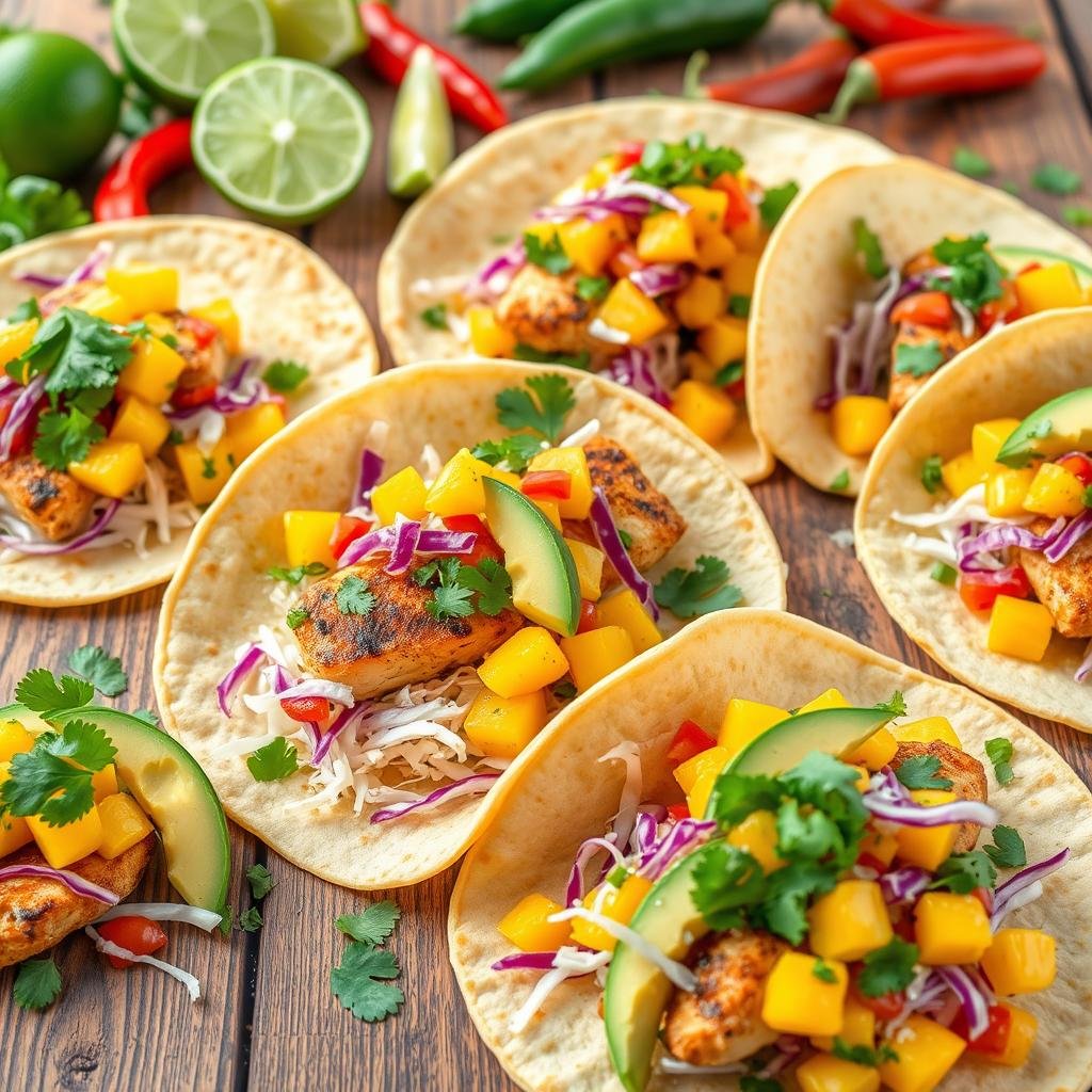 Fish tacos with mango salsa and taco toppings