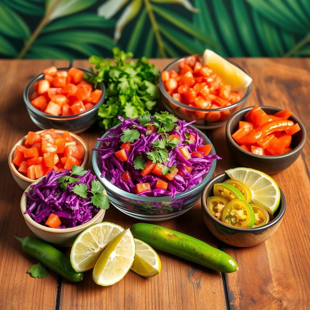 Fresh toppings for Jamaican Jerk Chicken Tacos