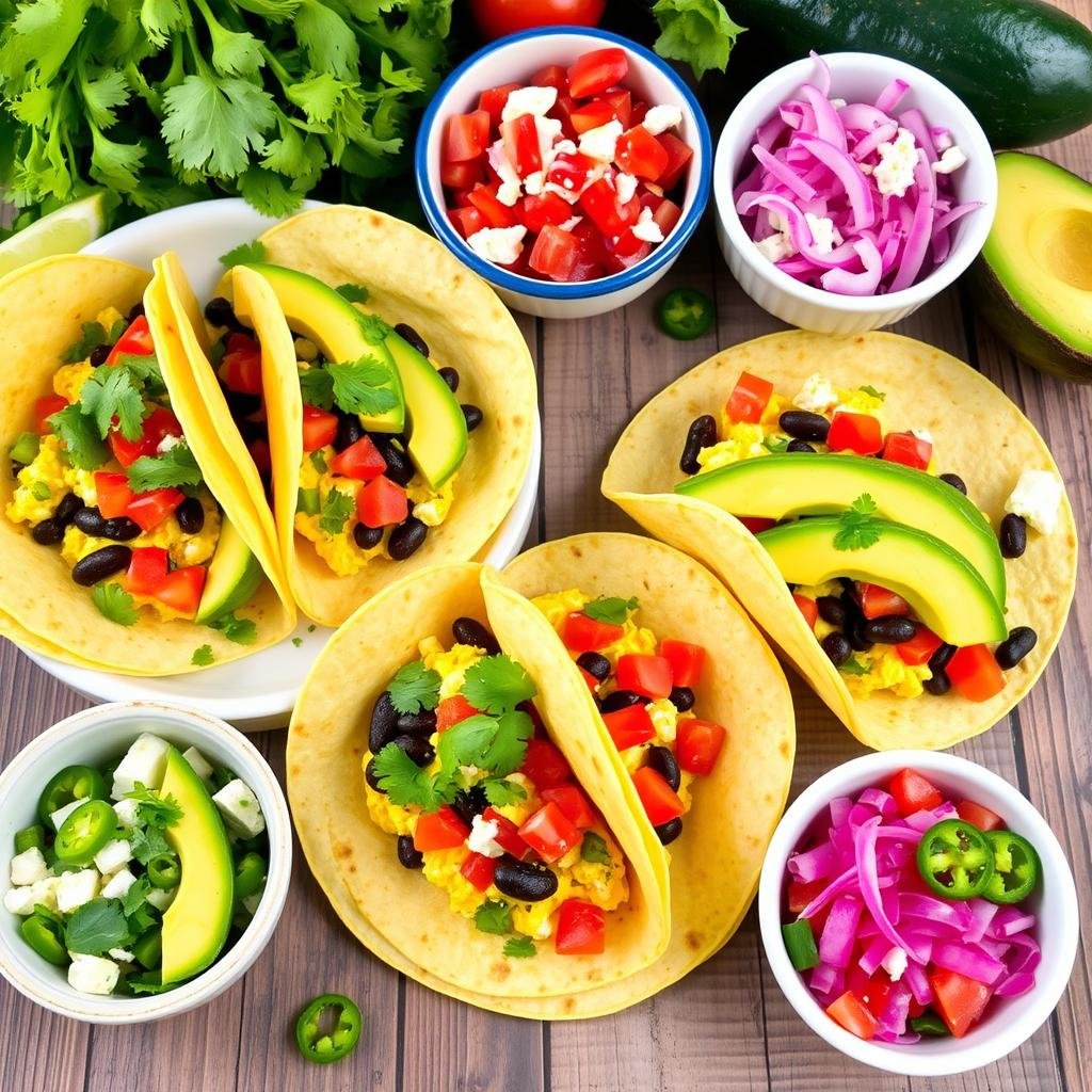 Healthy breakfast taco recipes with various toppings and garnishes