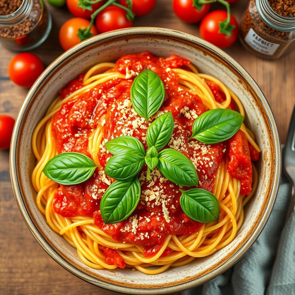 Serving vegan spaghetti with tomato basil sauce recipe with garnishes