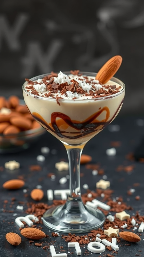 A creamy Almond Joy cocktail garnished with whipped cream, chocolate shavings, and almonds in a glass, surrounded by almonds and festive decorations.