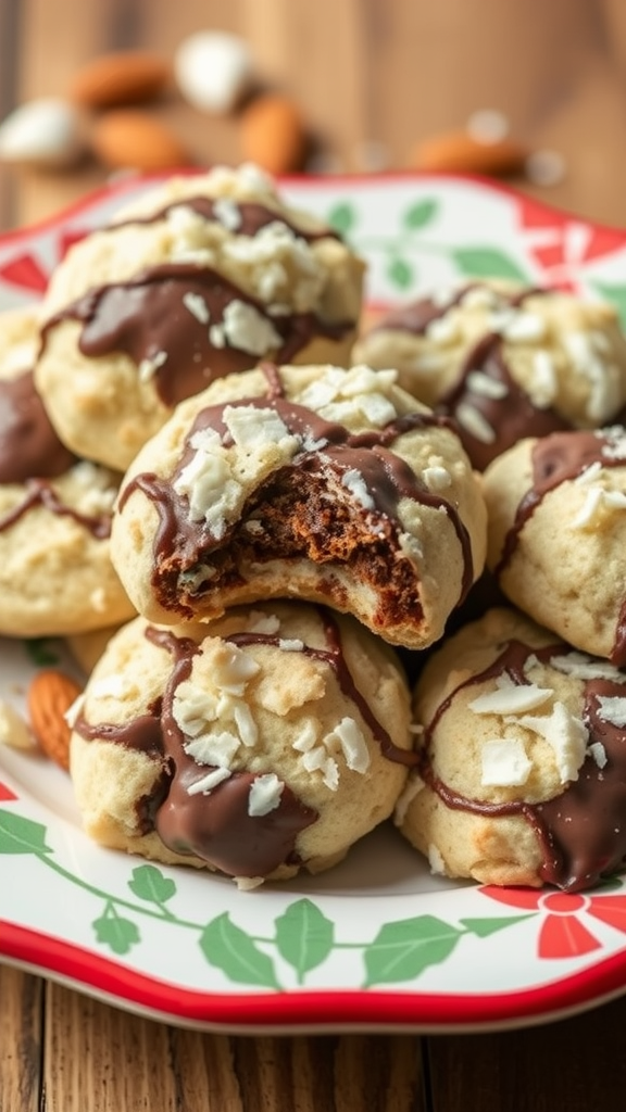 A plate of Almond Joy Cookies drizzled with chocolate and topped with coconut flakes.