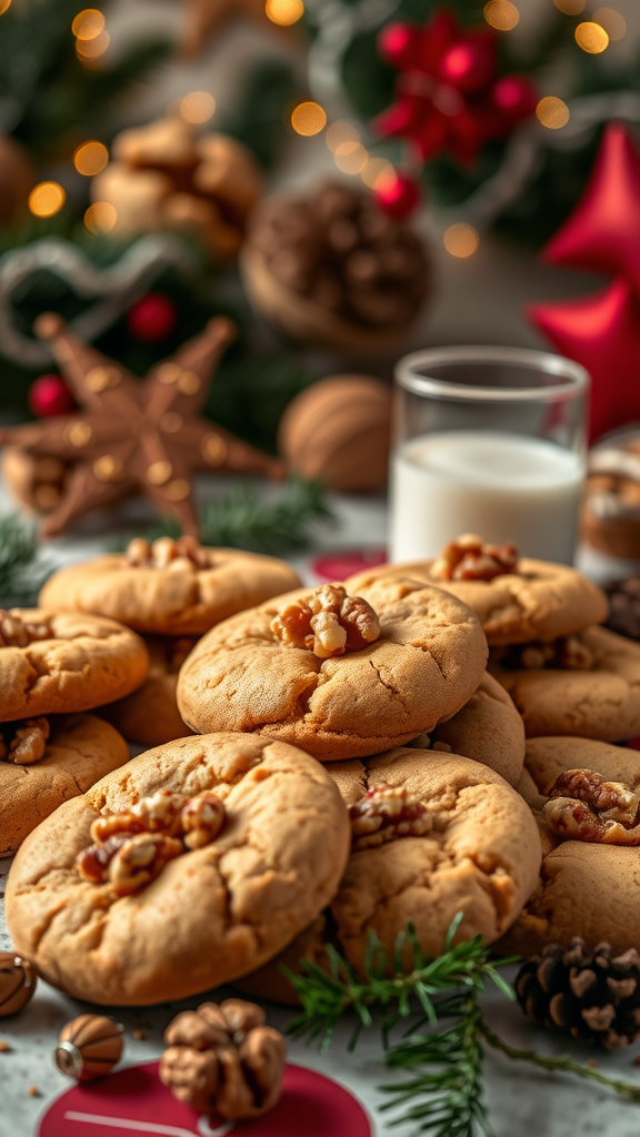 Plate of butterscotch cookies with walnuts, decorated for Christmas