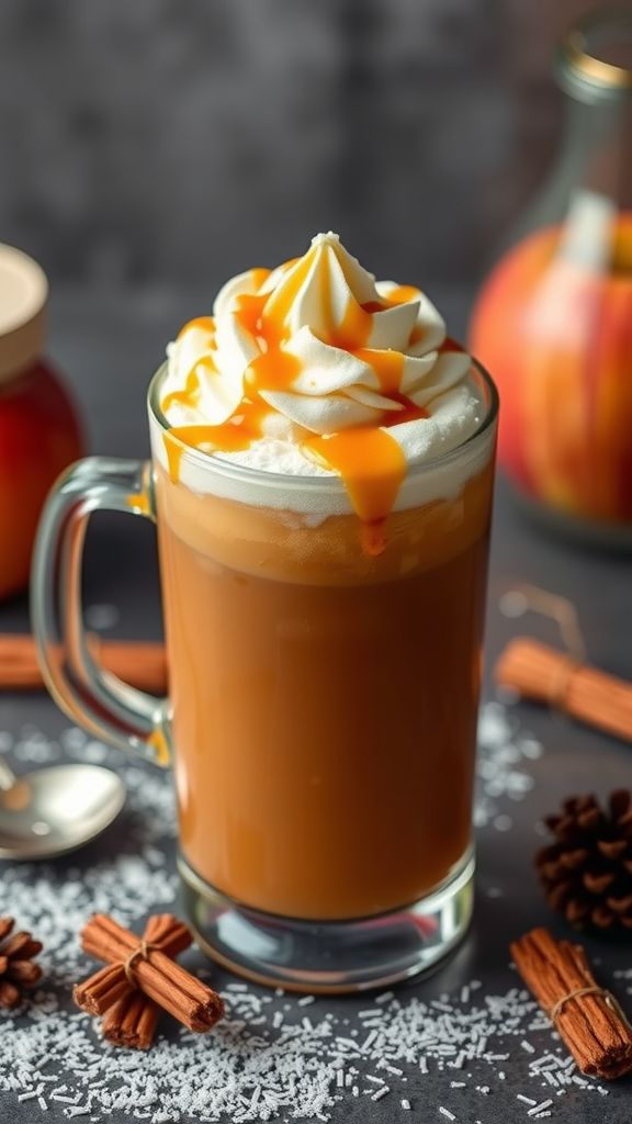 A warm Caramel Apple Cider Cocktail topped with whipped cream and caramel drizzle, surrounded by spices and apple decor.