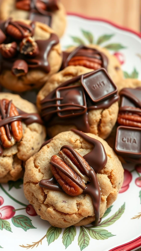 Delicious caramel pecan turtle cookies topped with chocolate and pecans on a festive plate.