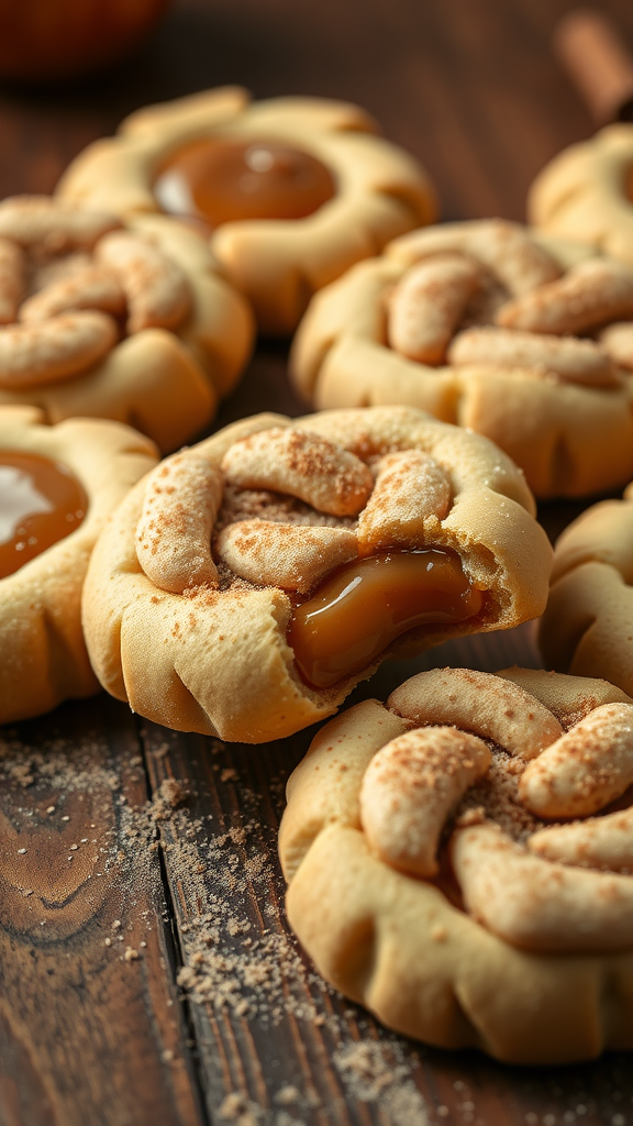 A close-up of caramel stuffed apple pie cookies, showcasing their soft texture and caramel filling.