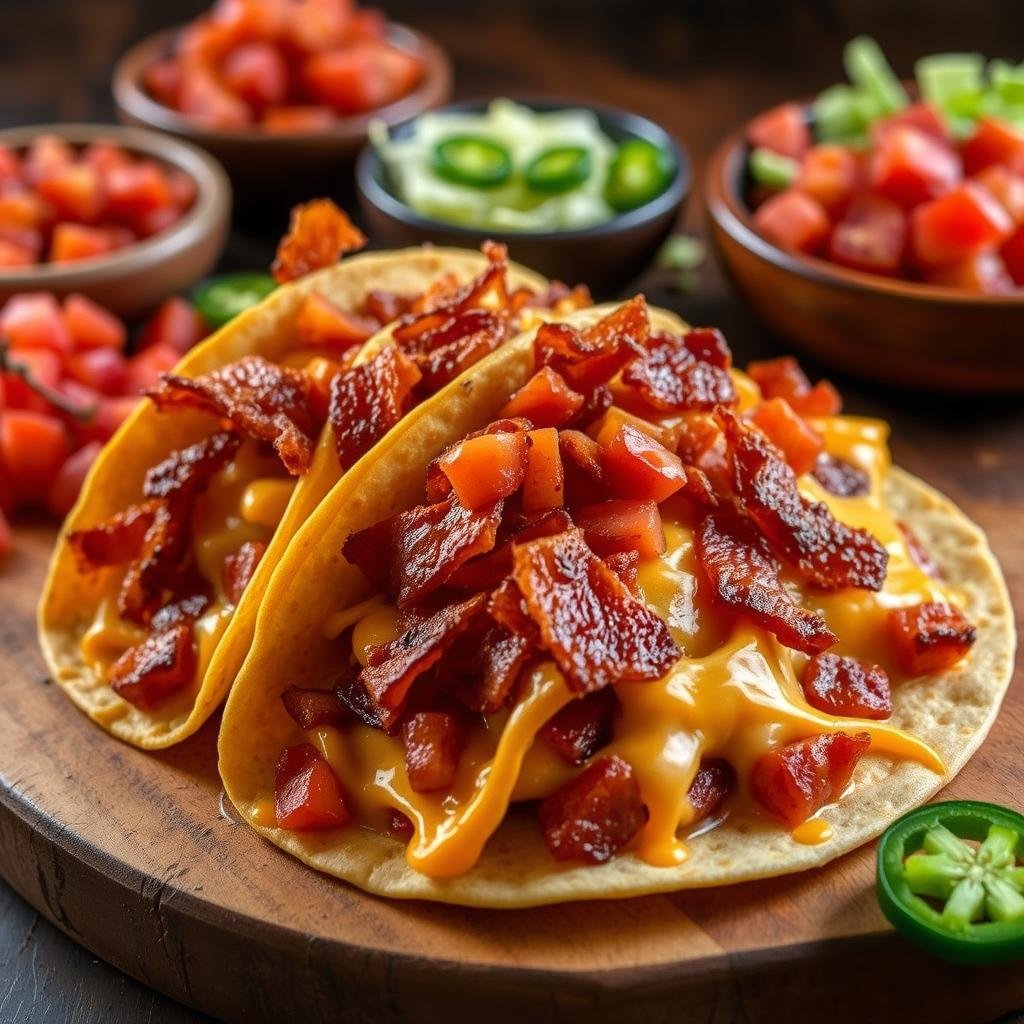 cheesy bacon tacos with melted cheese