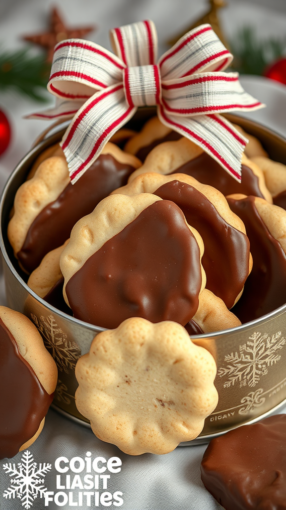 A tin filled with chocolate-dipped shortbread cookies decorated with a festive ribbon.