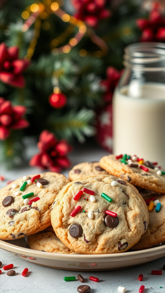 A plate of chocolate chip cookies with holiday sprinkles, next to a glass of milk and decorated Christmas background