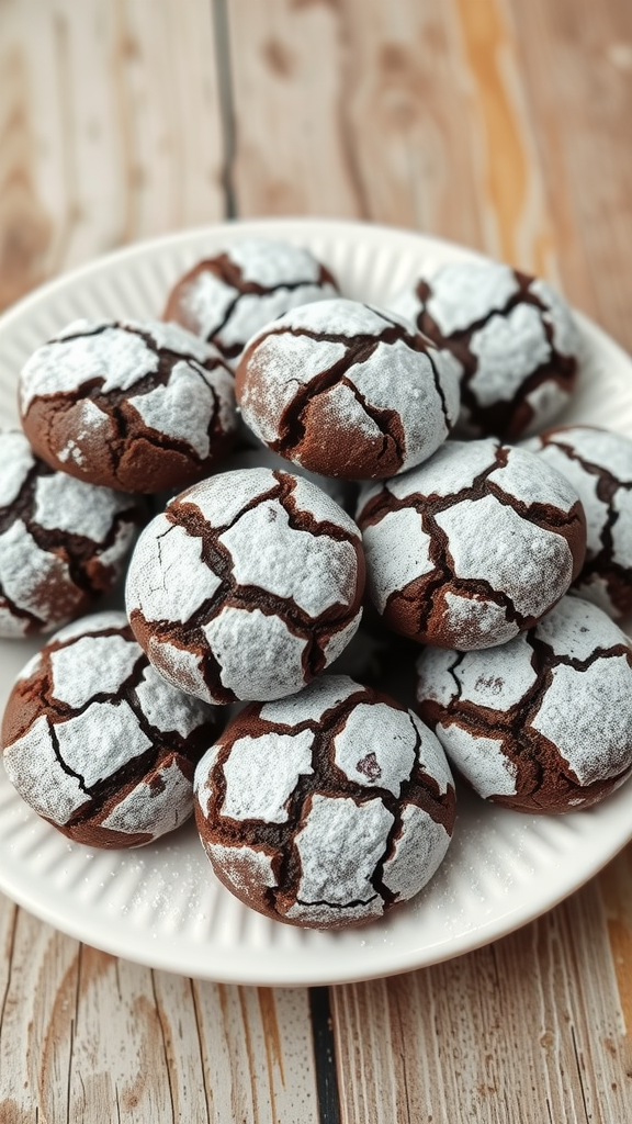 A plate of chocolate crinkle cookies dusted with powdered sugar.
