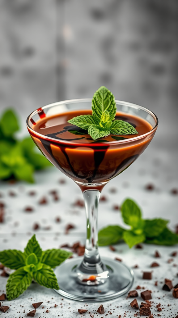 A Chocolate Mint Martini garnished with fresh mint leaves and drizzled with chocolate syrup.