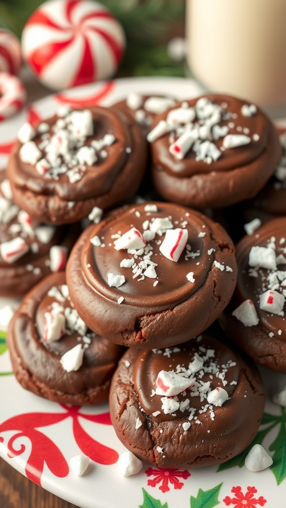 A plate of chocolate peppermint cookies topped with crushed candy canes, set against a festive background.