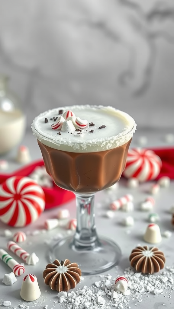 Chocolate Peppermint White Russian cocktail with festive decorations