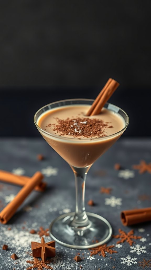 A Cinnamon Hot Chocolate Martini garnished with a cinnamon stick and chocolate shavings.