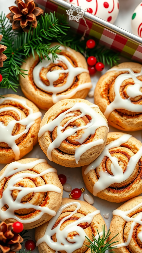 Delicious cinnamon roll cookies drizzled with icing, set in a festive holiday arrangement.