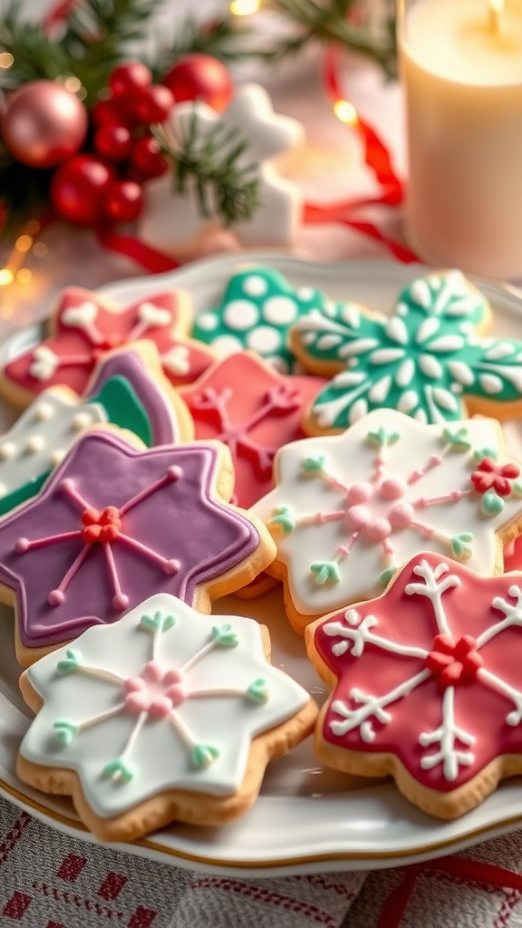 A beautiful plate of decorated sugar cookies in festive colors, perfect for Christmas.