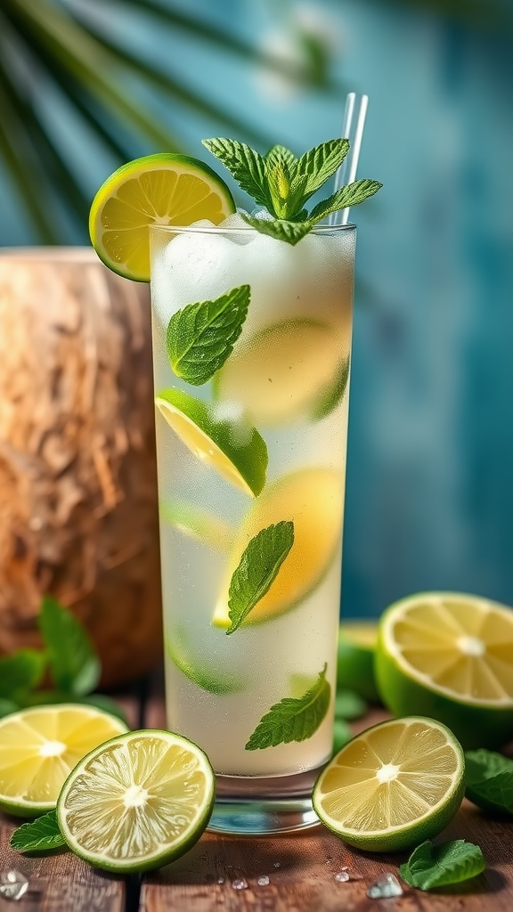 A refreshing Coconut Lime Mojito cocktail with mint and lime slices
