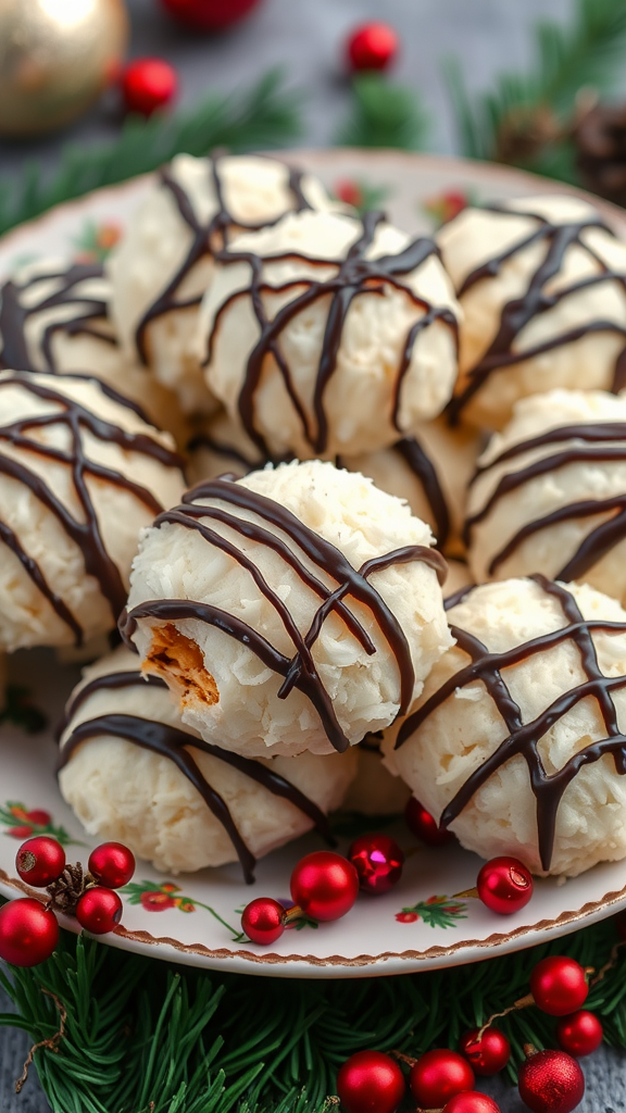 A plate of coconut macaroons drizzled with dark chocolate, decorated with red berries and green foliage.