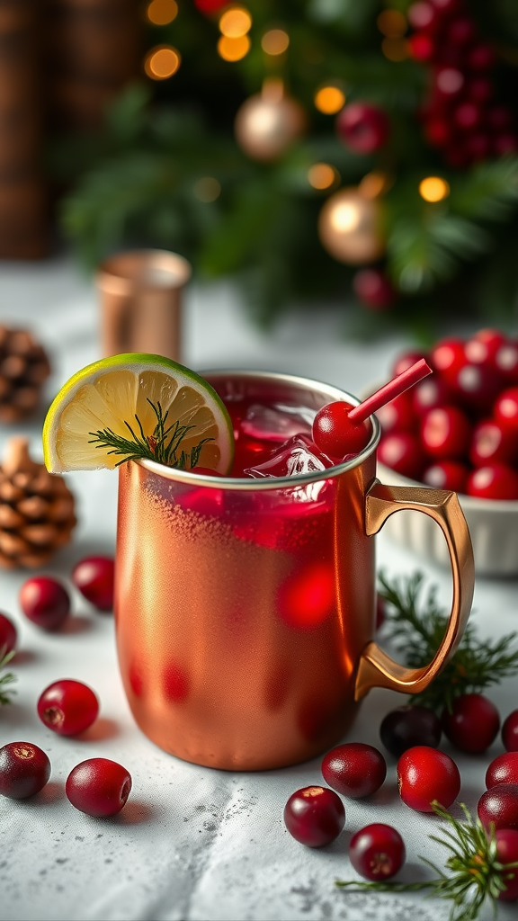A festive Cranberry Moscow Mule in a copper mug, garnished with lime and cranberries.