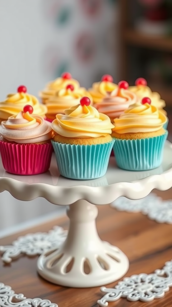 Colorful cupcake cookies on a cake stand.