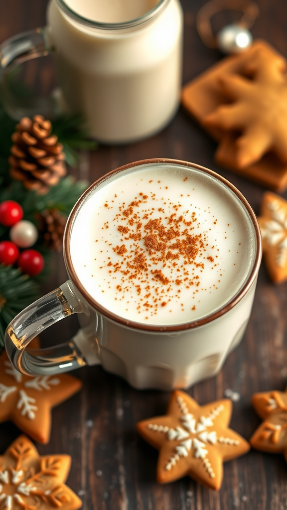 A creamy eggnog latte topped with nutmeg, surrounded by festive cookies and pinecones.