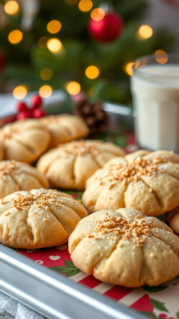 A tray of eggnog spice cookies with holiday decorations in the background