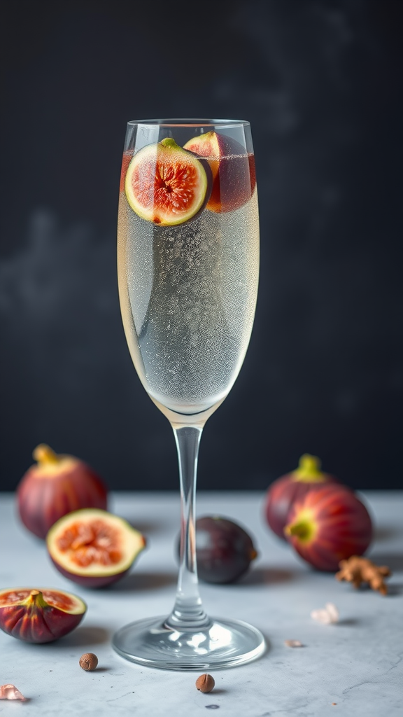 A sparkling cocktail with figs and ginger, garnished with fresh fig slices