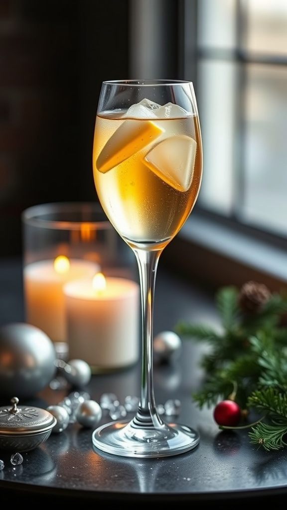 A festive French 75 cocktail with cranberries and rosemary garnish