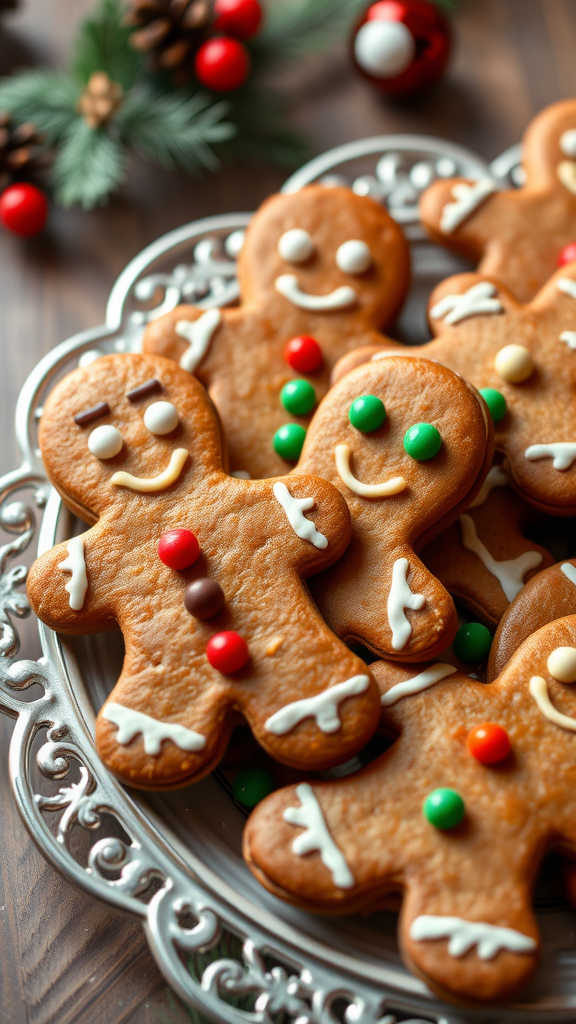 A plate of gingerbread men cookies decorated with colorful candies and icing, surrounded by Christmas decorations.