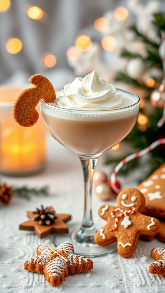 Gingerbread White Russian cocktail topped with whipped cream and a gingerbread cookie