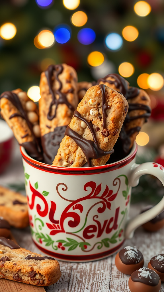 A festive mug filled with hazelnut biscotti dipped in chocolate, surrounded by chocolate treats.