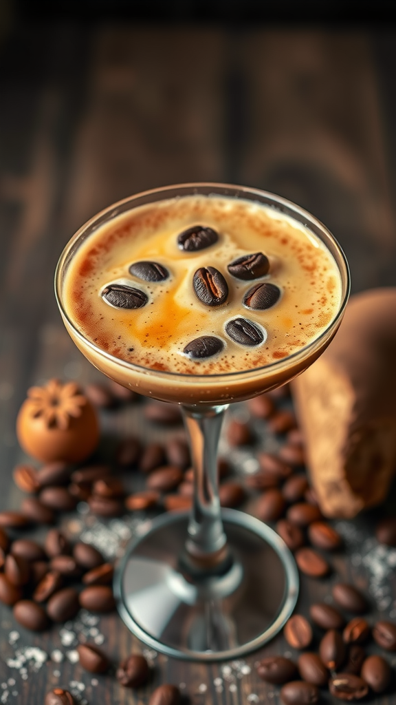 A Hazelnut Espresso Martini garnished with coffee beans.