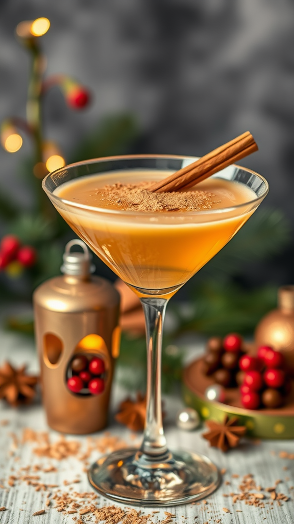 A beautifully crafted Holiday Spice Martini garnished with a cinnamon stick, perfect for festive celebrations.