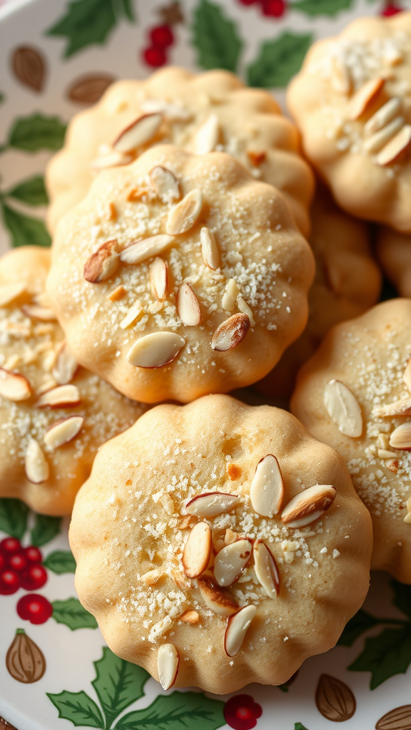 A plate of Honey Almond Cookies topped with slivered almonds.