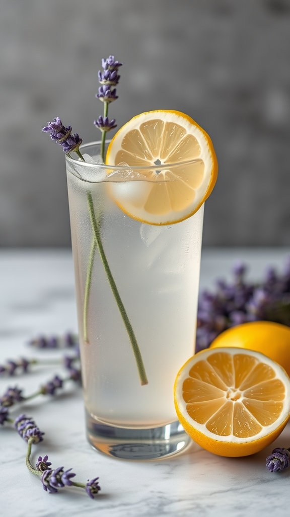 A refreshing Lavender Lemonade Cocktail garnished with lavender sprigs and lemon slices.