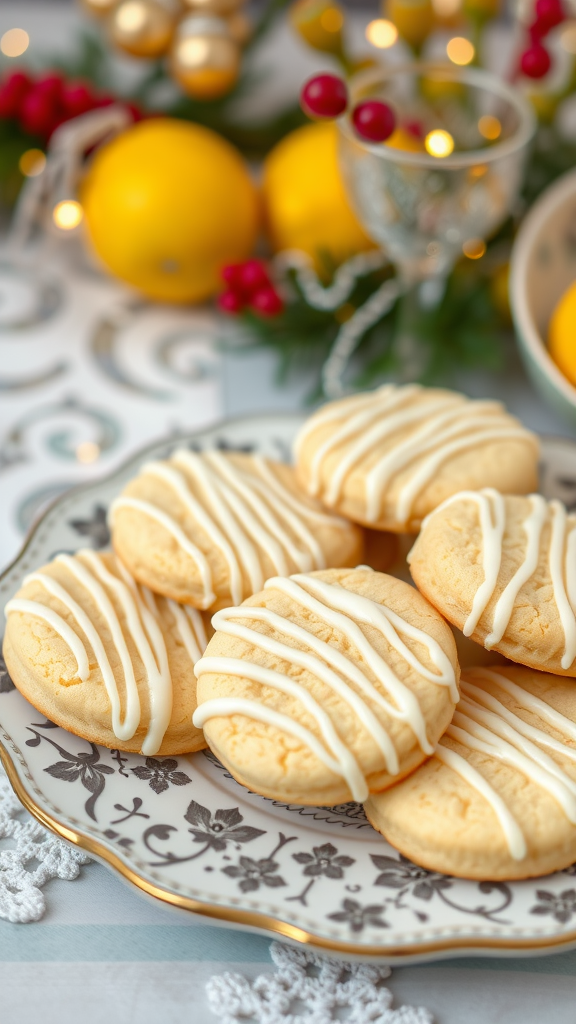 A plate of lemon butter cookies drizzled with icing, surrounded by festive decorations.