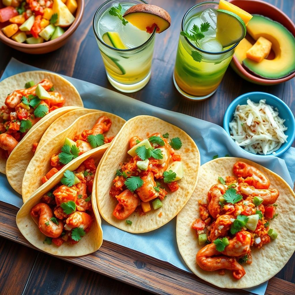 lobster tacos with side dishes and drinks