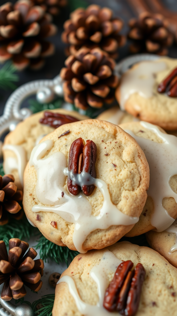 Maple Pecan Cookies displayed with pinecones