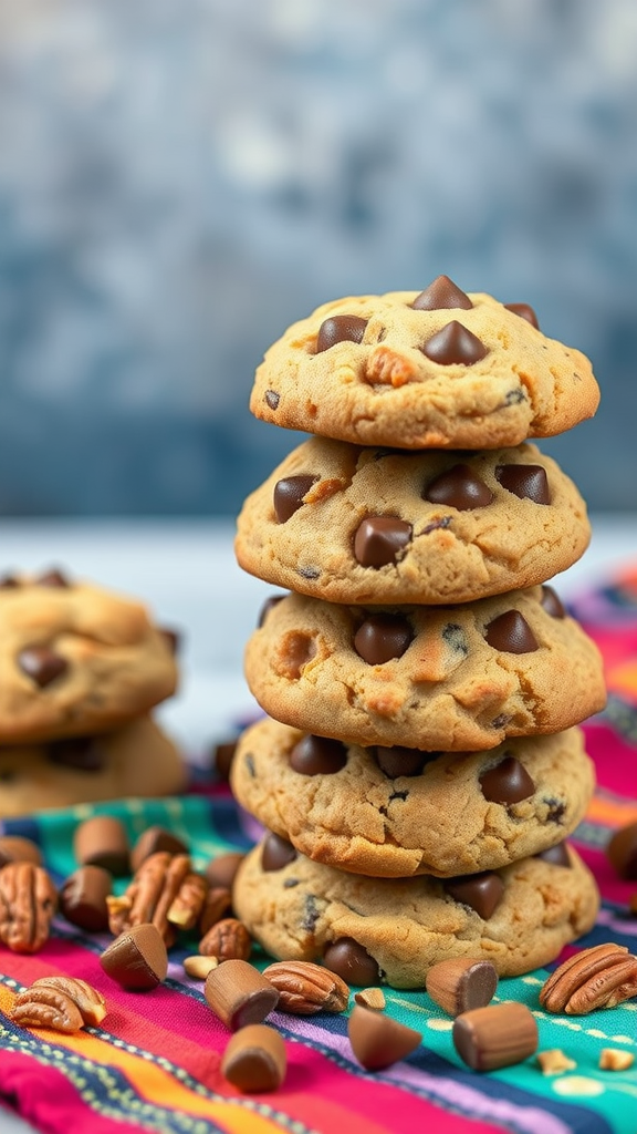 Stack of Nutty Chocolate Chip Cookies with chocolate chips and pecans on a colorful cloth