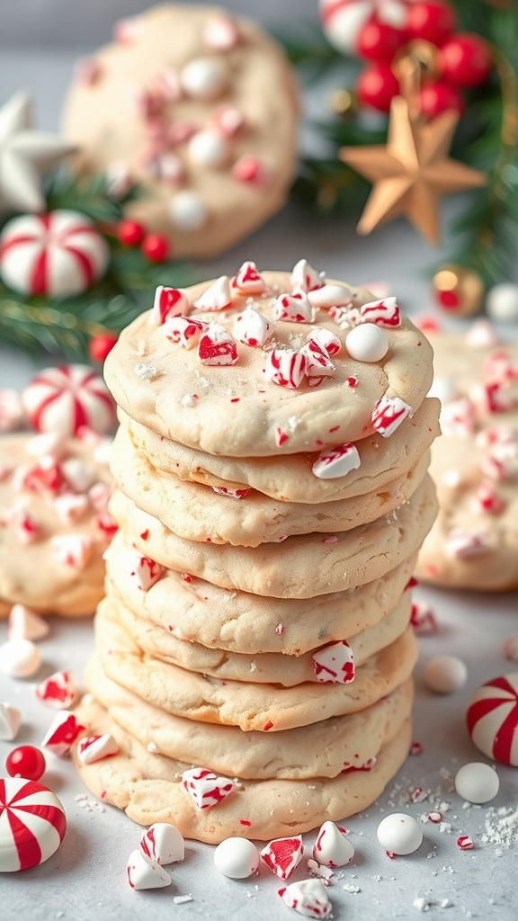 Stack of peppermint bark cookies surrounded by peppermint candies and holiday decorations