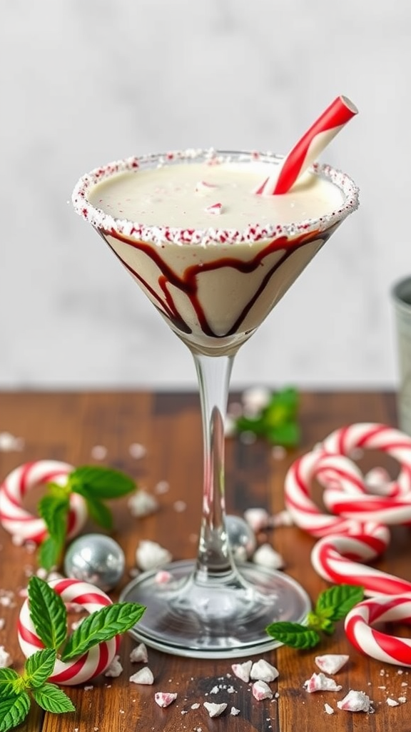 A festive peppermint bark martini with a chocolate drizzle and crushed candy cane rim.