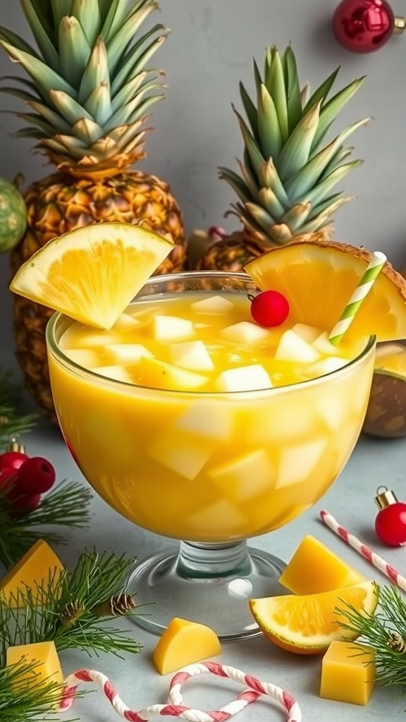 A bowl of pineapple coconut holiday punch with festive decorations.