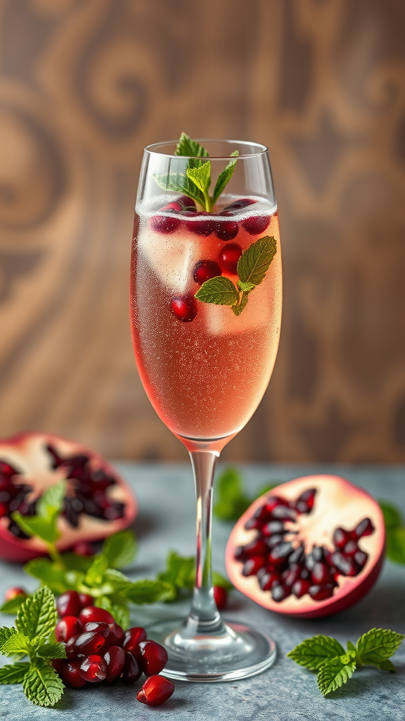 A refreshing Pomegranate Prosecco Spritzer garnished with mint and pomegranate seeds, set against a festive background.