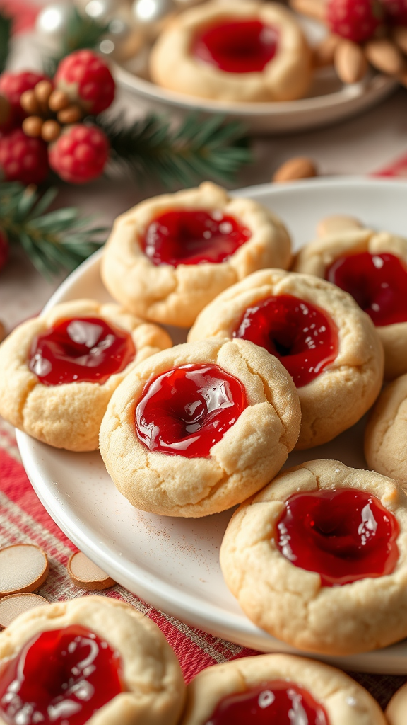 A plate of Raspberry Almond Thumbprint Cookies with a red jam center, surrounded by holiday decorations.