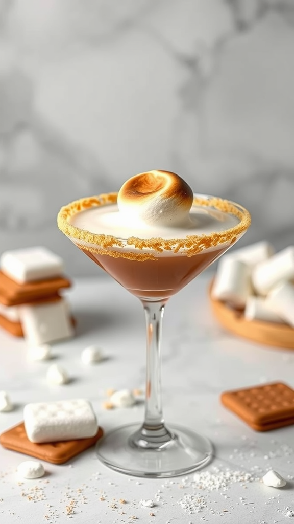 A S'mores martini with a graham cracker rim and a toasted marshmallow on top.
