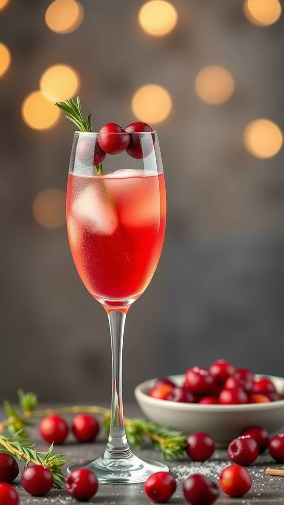 Sparkling Cranberry Mimosa in a glass with cranberries and rosemary