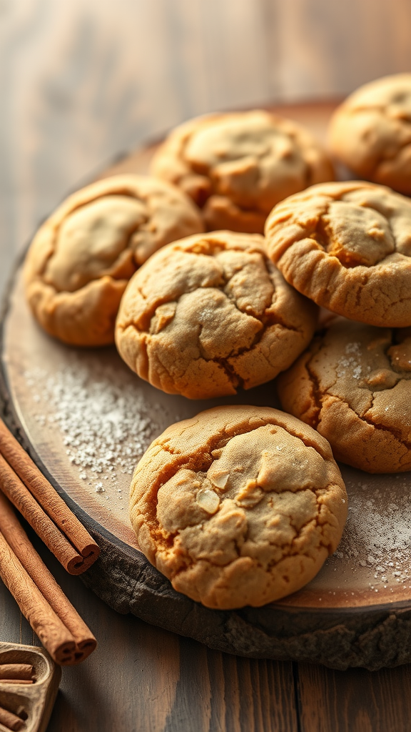 A plate of spiced molasses cookies surrounded by cinnamon sticks and powdered sugar.