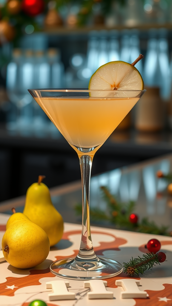 A Spiced Pear Martini with a slice of pear garnish, surrounded by fresh pears and holiday decorations.
